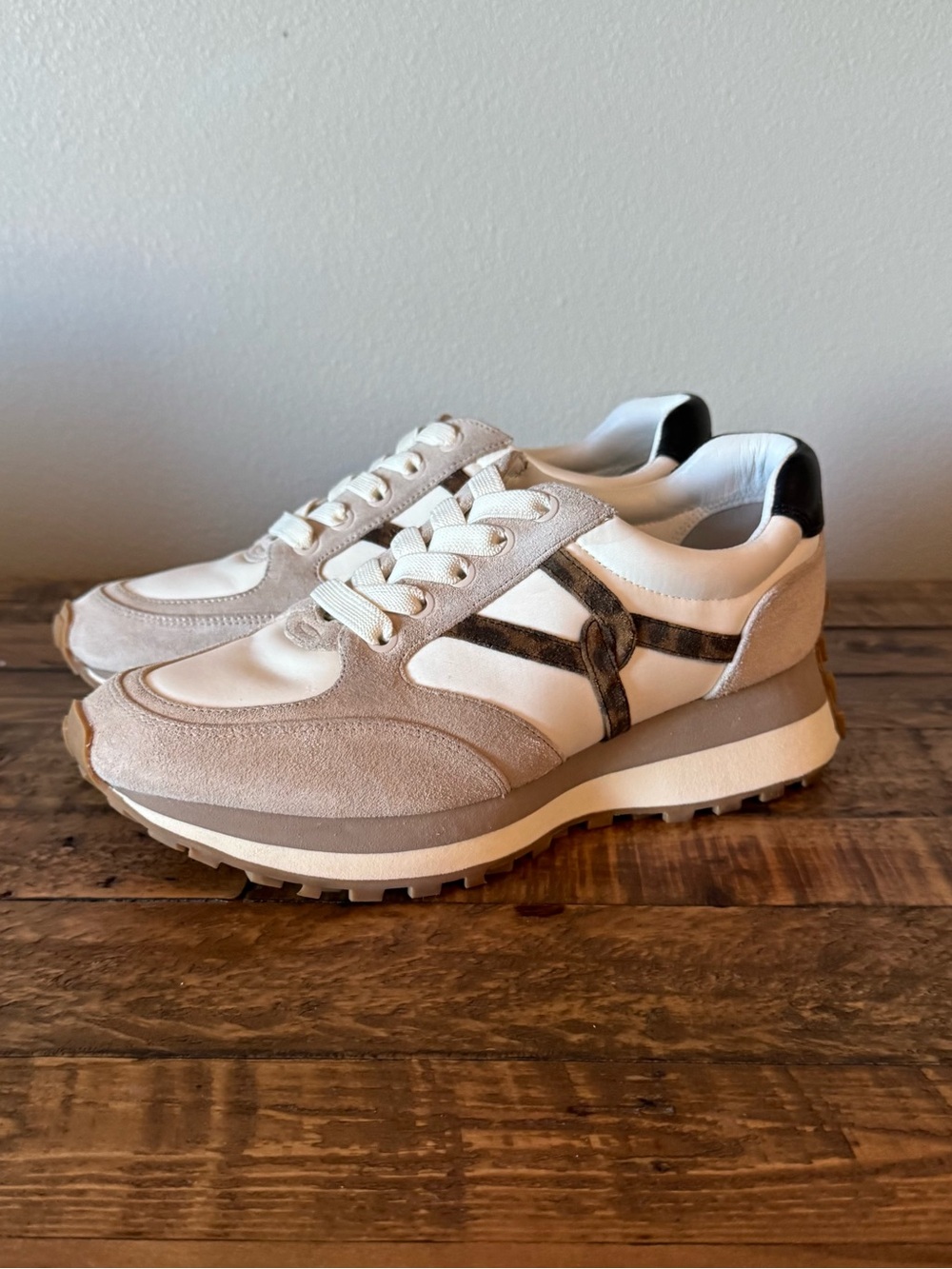 Veronica Beard Valentina Beige, White & Brown Suede Leopard-Accent Sneakers - Picture 6 of 13